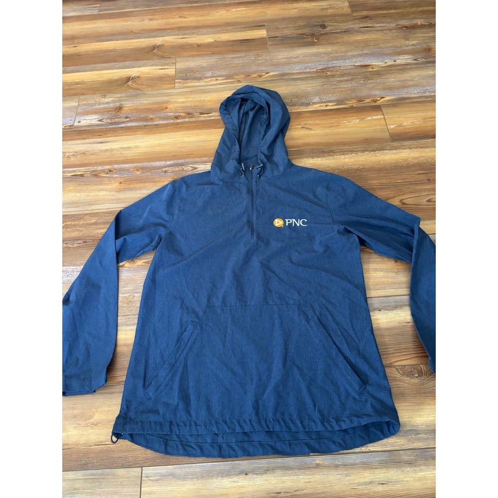 Womens Med Windbreaker Quarter Zip Hooded Pull Over Denim Blue Logo PNC